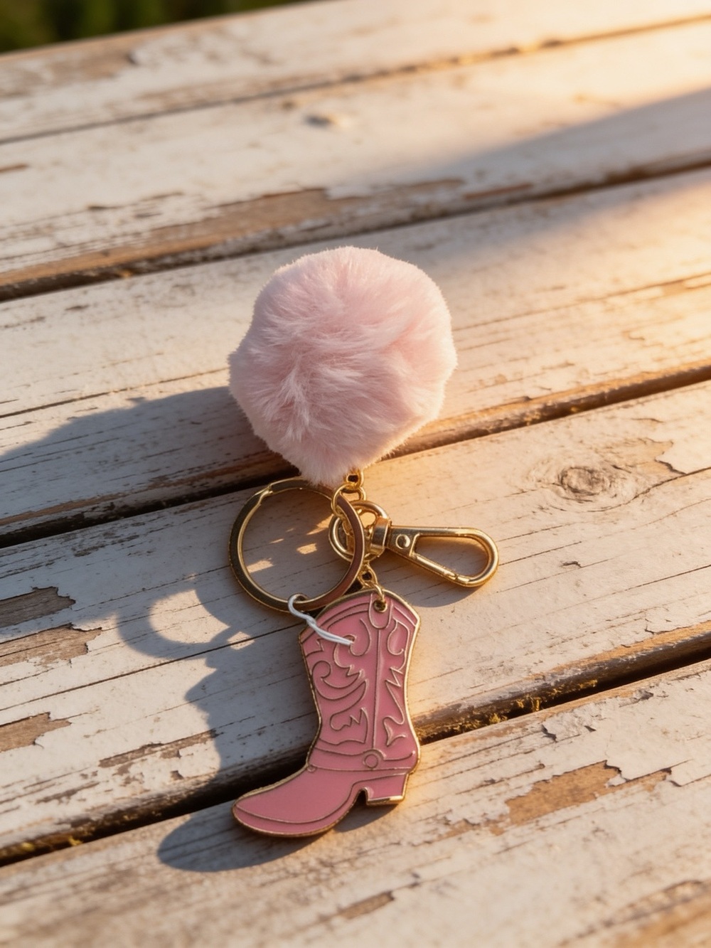 Victoria's Secret Pink Cowboy Boot Pom Keychain with Gold Hardware